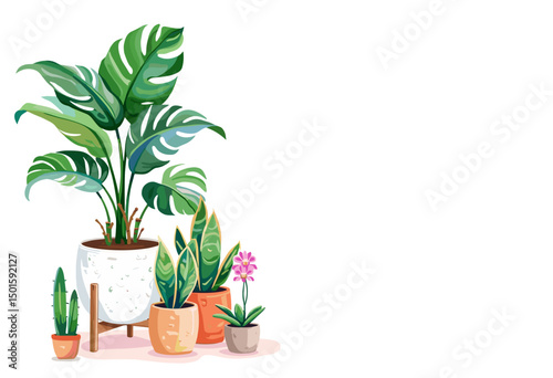 Group of potted plants including Monstera, snake plant, and orchid  