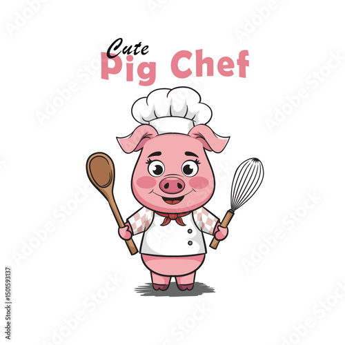 Cute cartoon pig chef character in hat cooking food while smiling, vector illustration for restaurant kitchen art