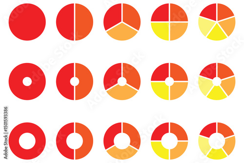 Set of pie chart graph design. Pie chart set, segmented circle icons, circle diagram with sections or parts, vector. Pie chart infographic set.