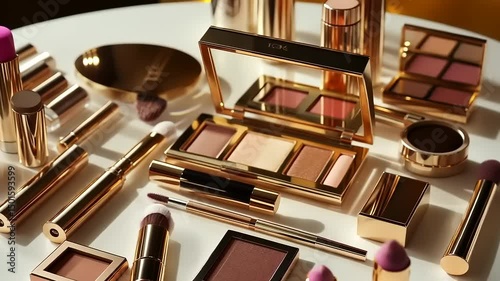 Luxurious makeup collection displayed on a white surface, showcasing various products and tools