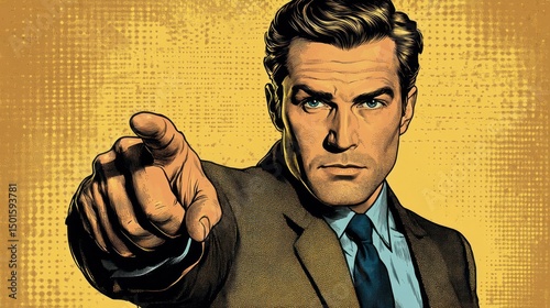 Man in suit pointing finger, retro style, yellow background