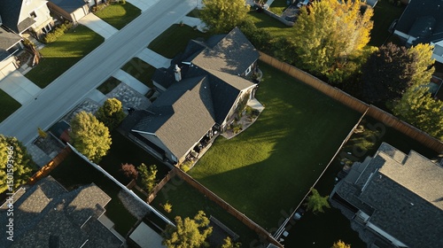 Aerial View of Suburban Home and Lush Green Lawn