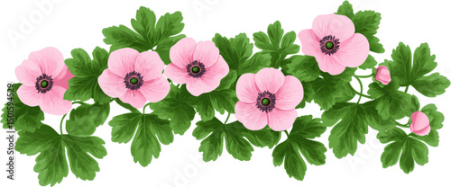 elongated decoration of pink anemone flowers with green leaves