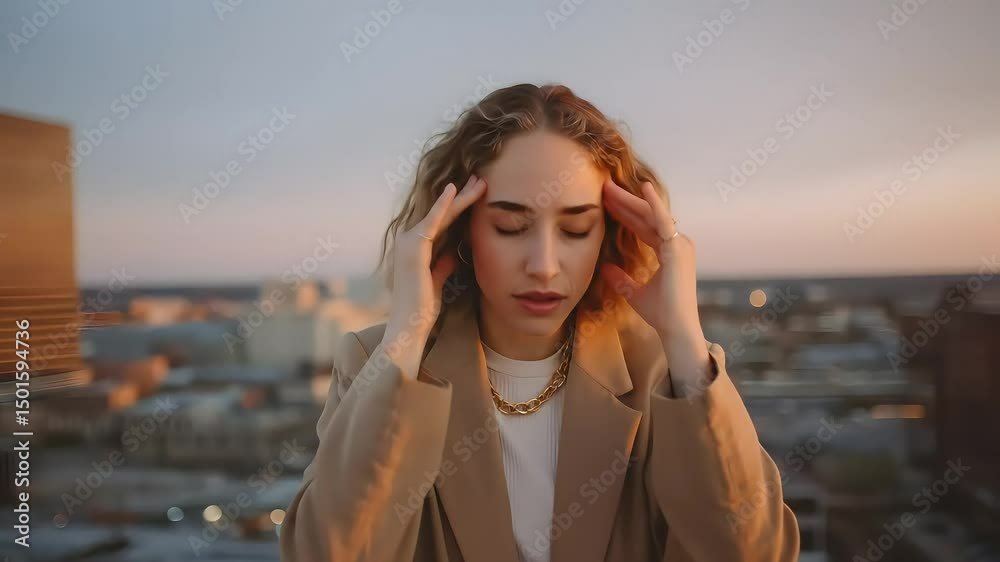 Female founder overwhelmed on rooftop office Female founder overwhelmed on rooftop office