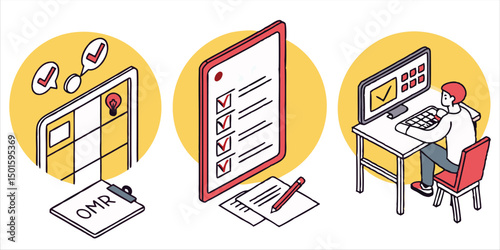 Illustration showcasing modern exam assessment methods with online testing, electronic checklists, and optical mark recognition for educational evaluation
