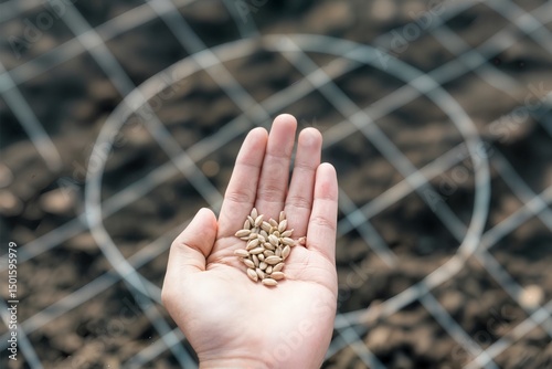 farmer hand put seed of vegetable on seedling tray concept agricultor pone semilla de hortaliza en bandeja de semillero concepto un agriculteur dépose à la main une graine de légume plateau de semis photo