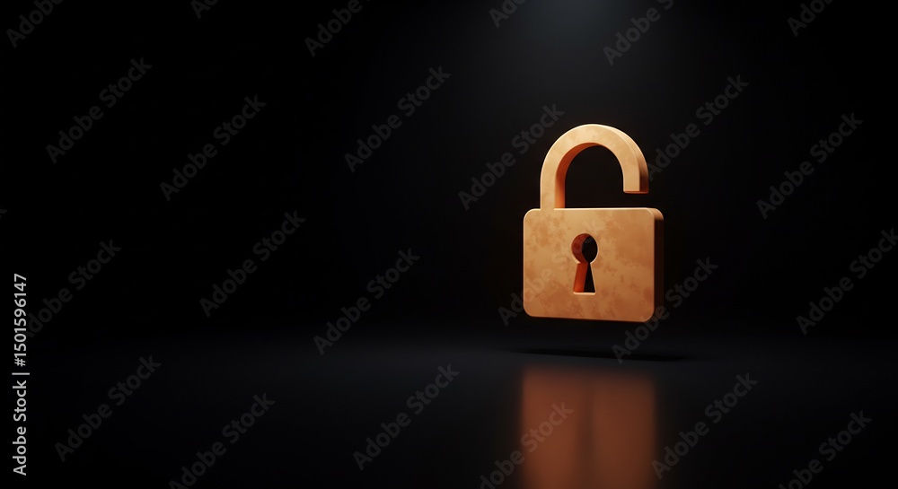 Fototapeta premium Open Bronze Lock Icon on Dark Reflective Surface