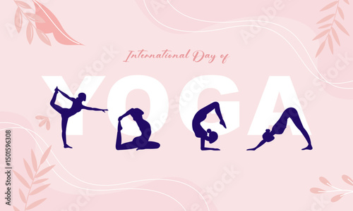 International Yoga Day Banner with Silhouettes of Yoga Poses. Perfect for Background, Poster, Social Media Post,  Ad Templates, Yoga Studios, Wellness Campaigns, and Fitness Promotions.
