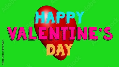 HAPPY VALENTINE DAY text pop-up animation with red heart logo on green background