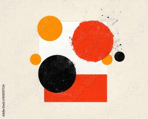 Abstract geometric art featuring colored circles and rectangles with a textured, modern design on a neutral background.