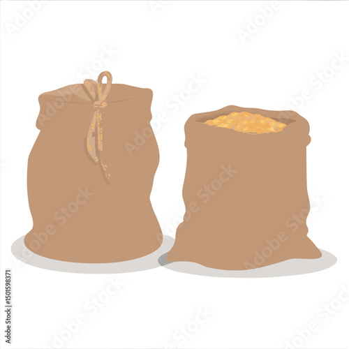 A realistic illustration of two brown burlap sacks on a white background. One sack is tied at the top and closed, appearing full and rounded. 