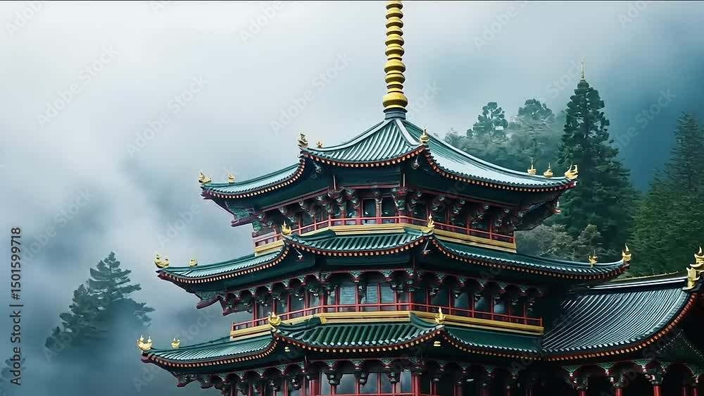 Majestic pagoda surrounded by misty mountains, showcasing traditional architecture in serene nature Majestic pagoda surrounded by misty mountains, showcasing traditional architecture in serene nature