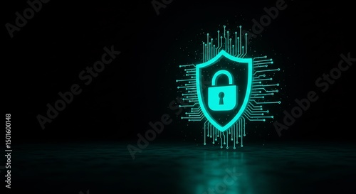 Teal Digital Shield and Lock Icon on Dark Background