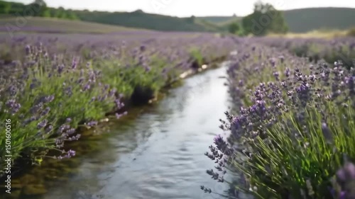Scenic Lavender Field With Flowing Stream, Beauty and Tranquility
