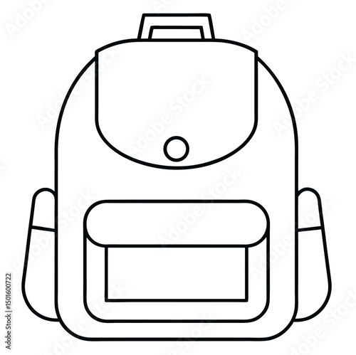 Line drawing of a simple backpack with a rounded body, a front pocket, a flap closure, and a top handle. The design features two side pockets and appears to be designed for casual use