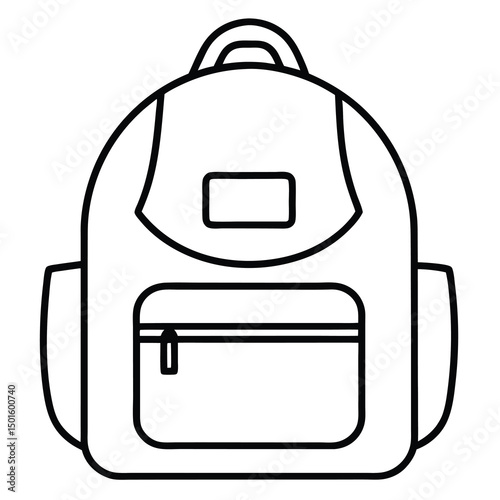 Line drawing of a simple backpack with a rounded body, a front pocket, a flap closure, and a top handle. The design features two side pockets and appears to be designed for casual use