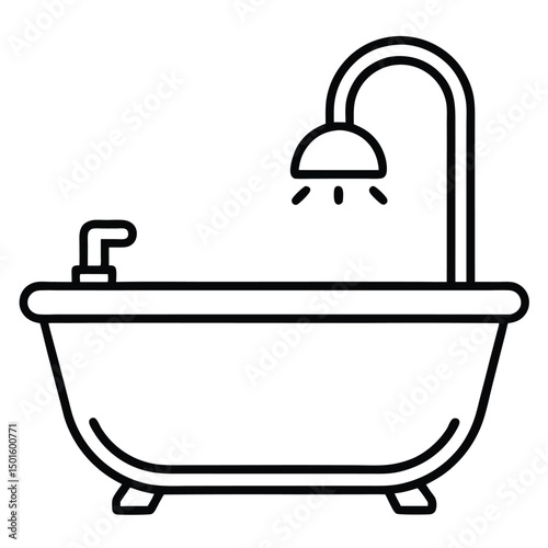A simple line art illustration of a freestanding bathtub with a showerhead attached. The tub has a curved shape and a faucet on the side, with a straight pipe leading up to the showerhead above. 