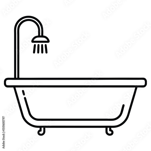 A simple line art illustration of a freestanding bathtub with a showerhead attached. The tub has a curved shape, with a straight pipe leading up to the showerhead above. 