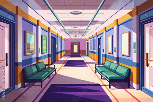 Long hospital bright corridor with rooms and seats vector background