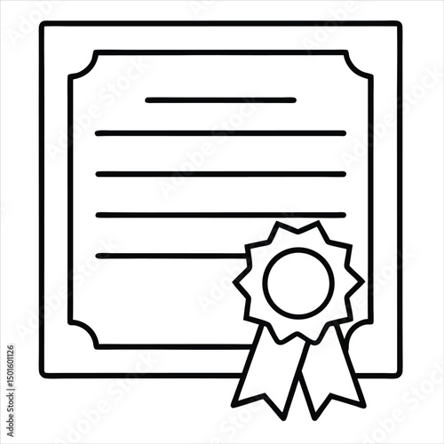 A simple line drawing depicting a document with a certificate design. The document features horizontal lines suggesting text, and at the bottom, a circular seal or badge with a star-like shape.