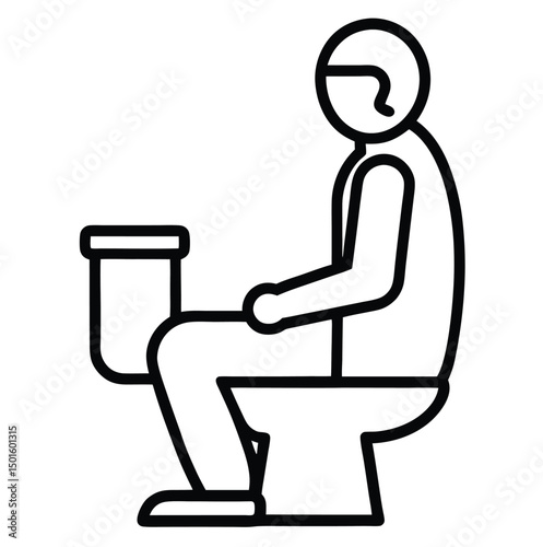 Line drawing of a person sitting on a toilet, with a simple, minimalist style. The figure is depicted in profile, showing a seated posture with legs positioned and hands resting on the knees. 