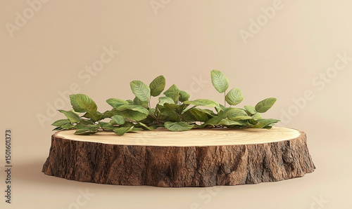 Wooden pedestal adorned with verdant foliage on a softly hued background