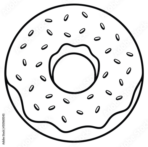 A simple line drawing of a round donut with a hole in the center, featuring a wavy edge and decorated with small sprinkles. The design is minimalistic and outlined in black on a white background.