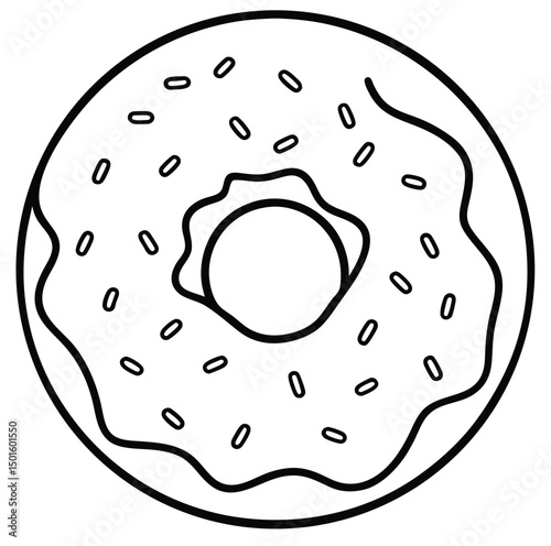 A simple line drawing of a round donut with a hole in the center, featuring a wavy edge and decorated with small sprinkles. The design is minimalistic and outlined in black on a white background.