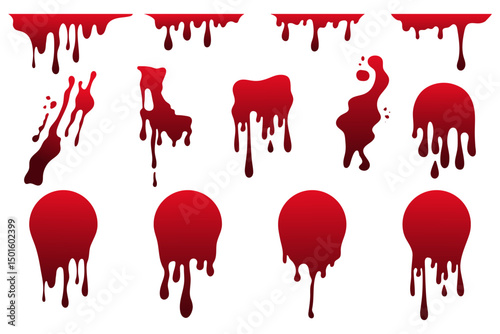 Dripping blood stains, splash circles, splatters. Halloween bloody drips, spots and traces. Vector illustration.