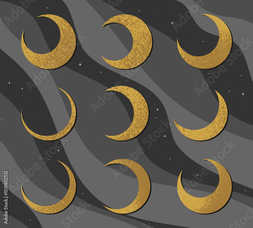 Crescent moon celestial emblems in different shapes. Crescents on night sky cloud background. Moon phases. Vector illustration