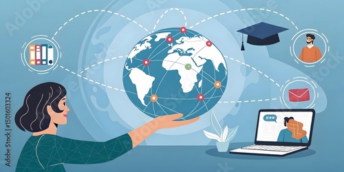 Businessman holding a Global network connection. Big data analytics and business intelligence concept. World map point and line composition concept of global business