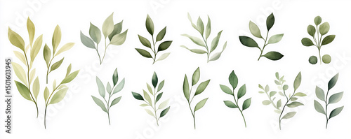 Collection of illustrated green leafy branches in various shapes and shades, arranged neatly on a white background