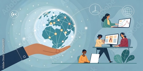 Businessman holding a Global network connection. Big data analytics and business intelligence concept. World map point and line composition concept of global business