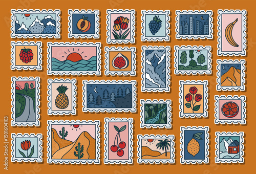 Big lovely sticker set with doodle postage stamp with calm travelling panorama, fruit, flower for planners, notebook, diary. Ready for print list of stickers with desert, snowy mountains, skyscraper.