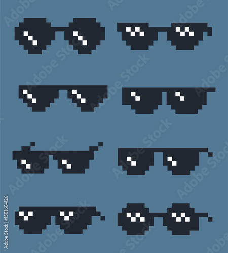 Pixel art sunglasses vector collection, 8-bit style, retro glasses meme icons for internet culture