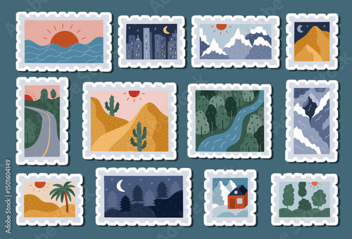Lovely cartoon sticker set with retro postage stamp with picturesque scenery for planners, notebooks. Ready for print list of hand drawn stickers clipart of seascape, woods, highway, skyscraper.