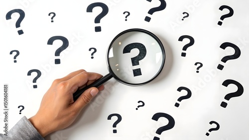 Question mark and root cause analysis concept. Hand holding magnifying glass over large question mark surrounded by smaller ones on white background, symbolizing analysis and problem-solving. solution