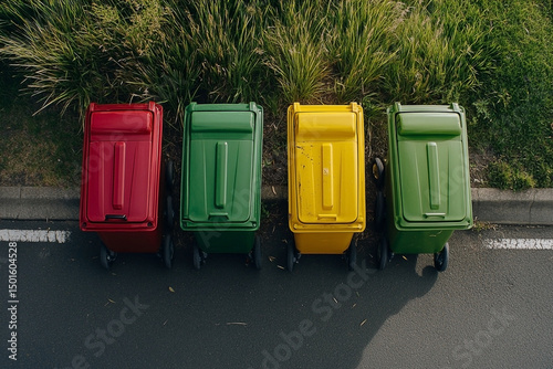 Row of Colorful Recycling Bins Against Greenery, Reflecting Environmental Awareness