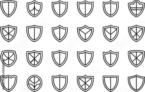 Outline shield vector icon set showcasing editable stroke styles and unique details perfect for use in logos security badges and heraldic design themes