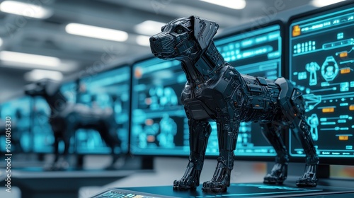A robotic dog stands in front of futuristic computer screens displaying technical data in a high-tech laboratory setting.