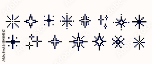 Retro star and sparkle icons set in 8 bit Pixel art style. Pixelated Light Burst . retro game design, UI effects, magical animations, collectibles, badges, pixel digital artwork. Vector illustration