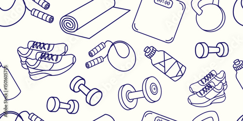 Seamless Fitness Equipment Pattern in Line Art Style.Fitness and gym equipment with sneakers, dumbbells, jump rope, yoga mat, kettlebell, water bottle, scale,activewear, sports branding, workout apps