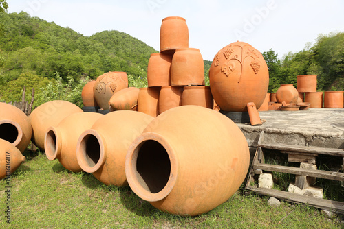 Traditional Georgian clay wine barrels for sale. Kakheti region symbol jug name is qvevri or kvevri