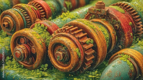 A collection of old rusty machinery pieces displaying heavy wear and tear set against an industrial backdrop reflecting the passage of time and the beauty of mechanical engineering photo