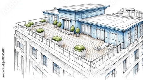 Architectural drawing of a penthouse rooftop terrace. Lush greenery adorns the patio