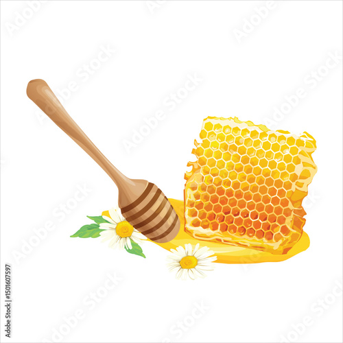 illustration of honeycomb and honey dipper with melted honey