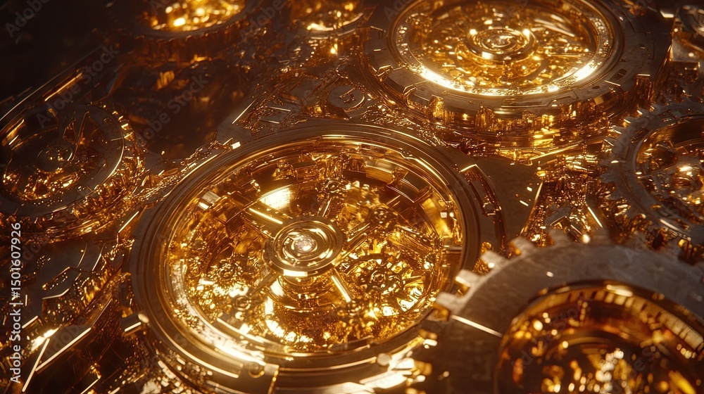 Gears and Cogs Sparkling in Golden Light Intricate Mechanism Gears and Cogs Sparkling in Golden Light Intricate Mechanism