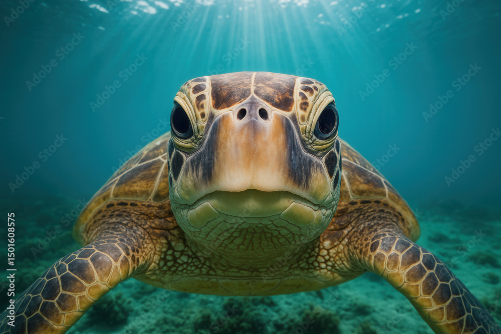 Obraz premium Green Sea Turtle Face Close-Up Underwater