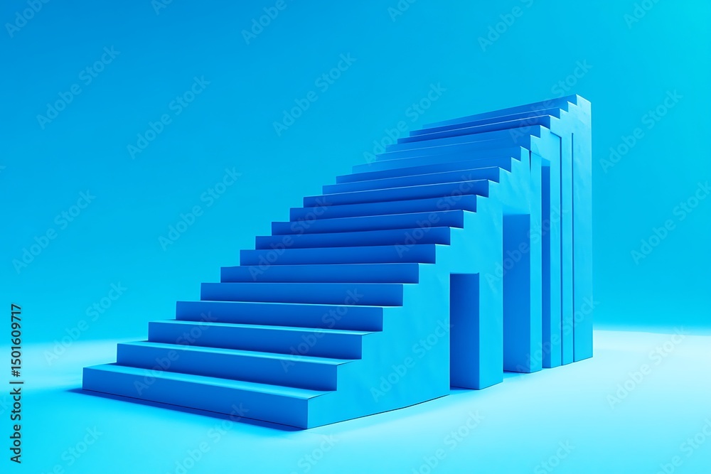 Obraz premium A blue staircase with bars rising to the top in a gradient blue environment