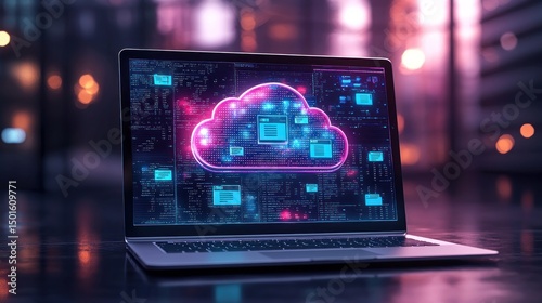 Neon cloud computing concept shown on a laptop screen. Digital data and network technology